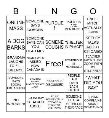 COVID FAMILY ZOOM BINGO Card
