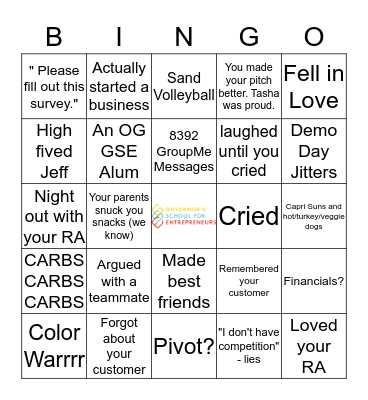 Governor's School for Entrepreneurs (GSE) Bingo Card