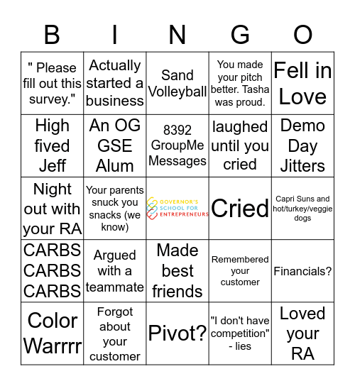 Governor's School for Entrepreneurs (GSE) Bingo Card