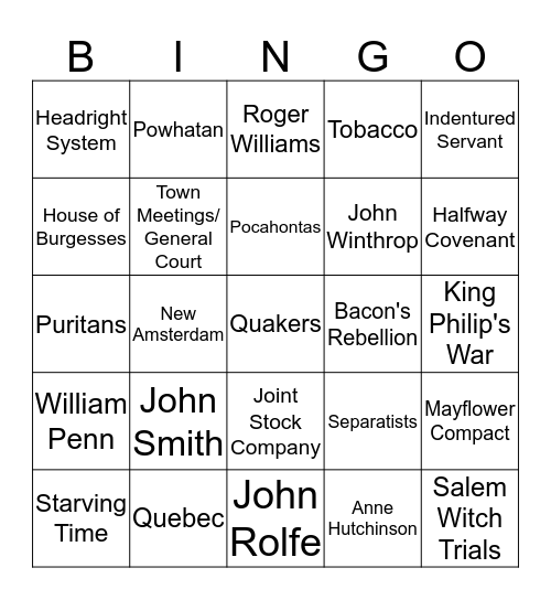 SSUSH1 Colonial America Bingo Card
