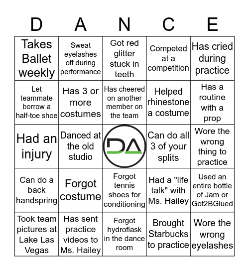 Elite Dance Bingo Card