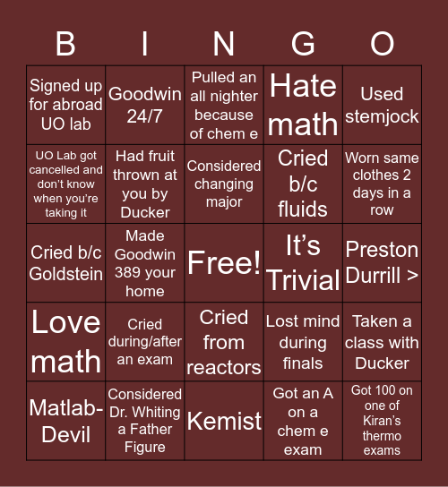 VT Chem E Bingo Card