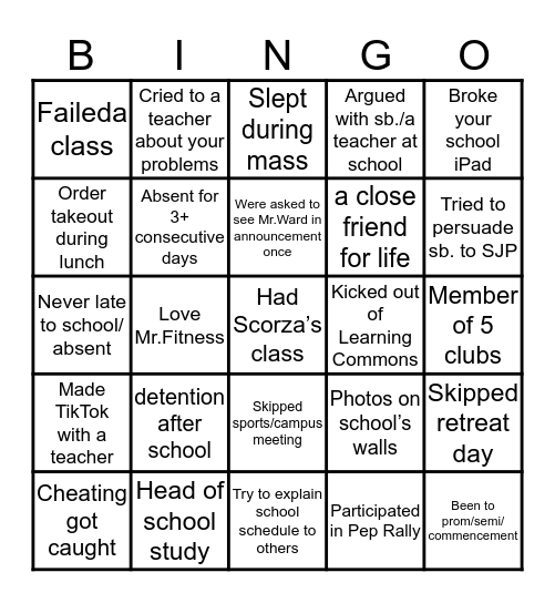 SJP Bingo Card