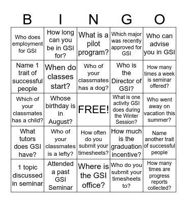 GSI Summer Academy BINGO Card