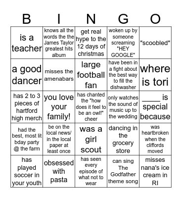 Bellucci Family Bingo Card