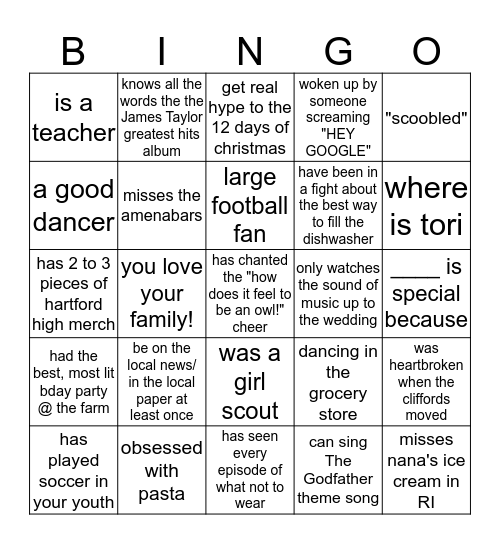 Bellucci Family Bingo Card
