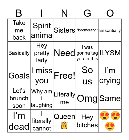 White Girl IG Bingo Card