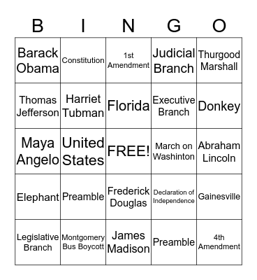Civics Bingo Card