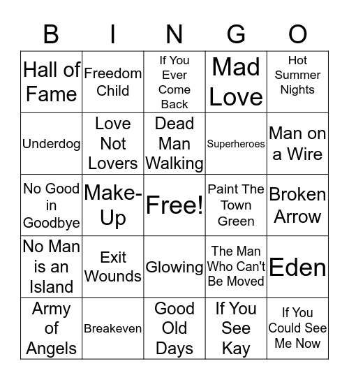 The Script Songs Bingo Card