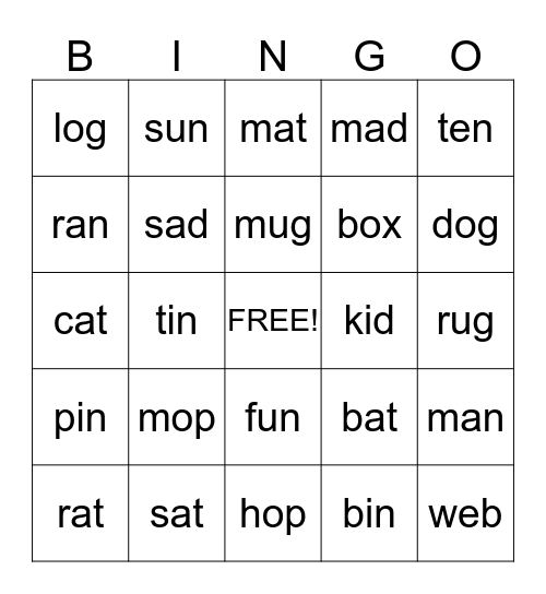 Short Vowel BINGO Card