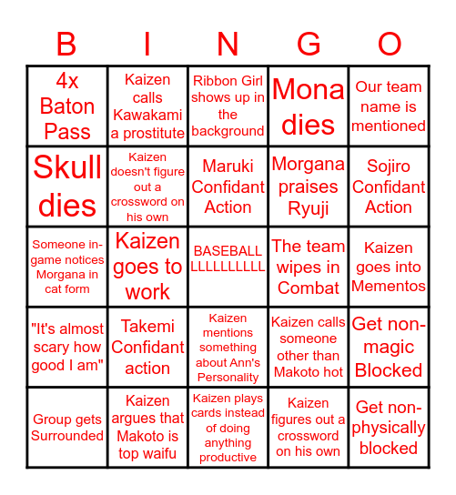 Kaizen's Persona 5 Bingo Card