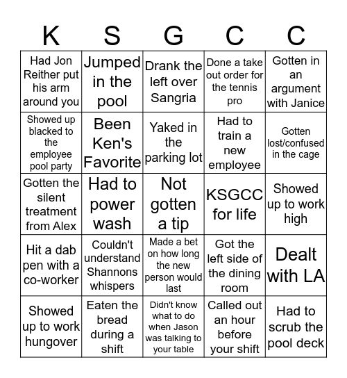 KSGCC Bingo Card