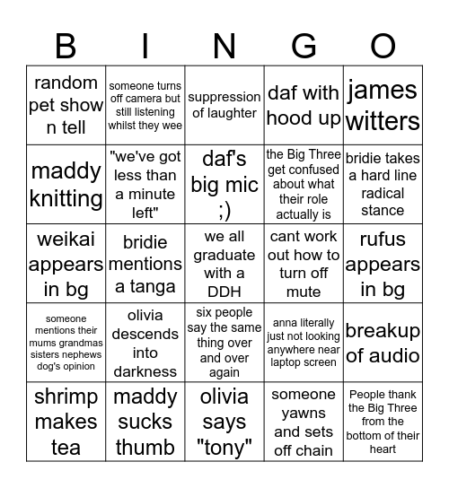 zoom call Bingo Card