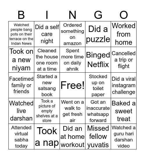 YUVATI QUARANTINE Bingo Card