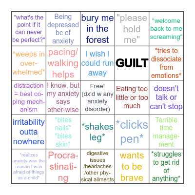 Anxiety Disorder Bingo Card
