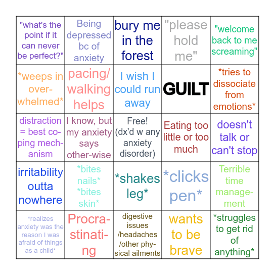 Anxiety Disorder Bingo Card