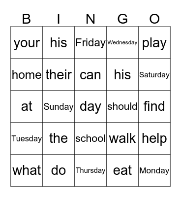 September sight words Bingo Card