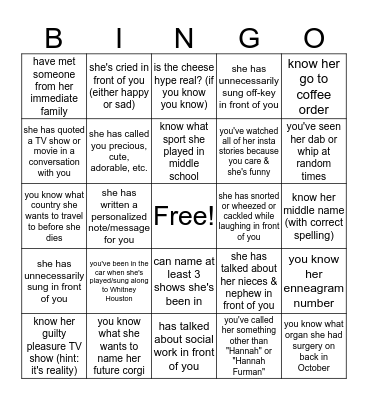 Hannah Furman Bingo Card