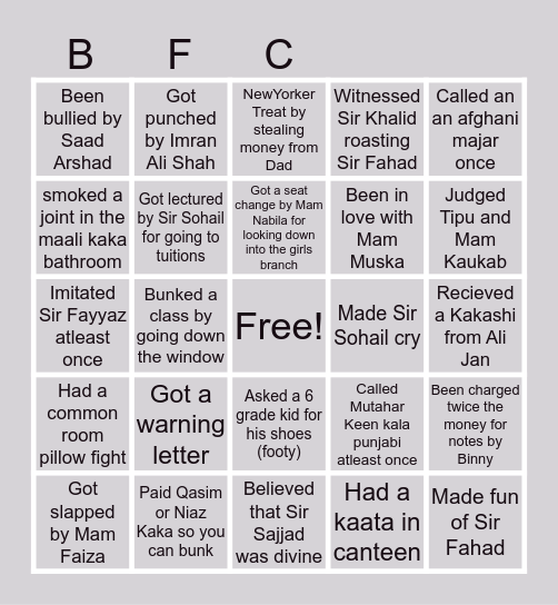 BSS FC O n A Bingo Card