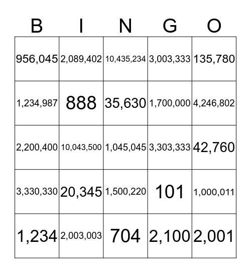 Place Value Bingo Card