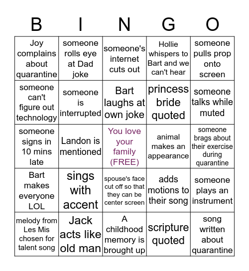 Harmon Family Bingo Card