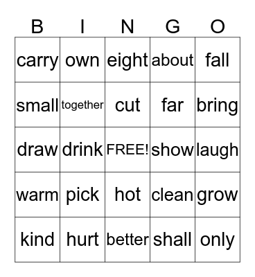 Dolch Third Grade Word List   Set 2 Bingo Card
