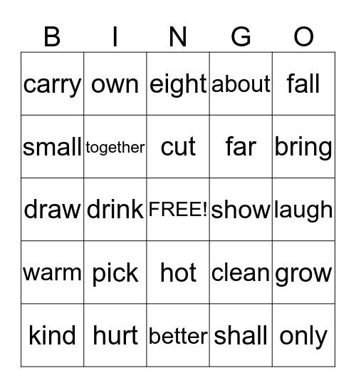 Dolch Third Grade Word List   Set 2 Bingo Card