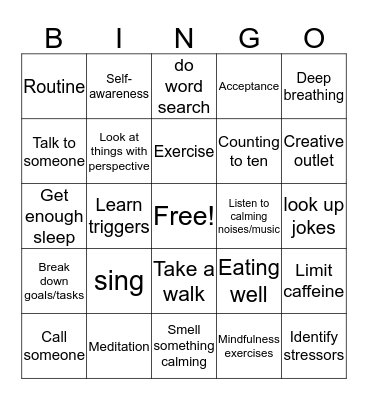 Anxiety Coping Strategies Bingo Card