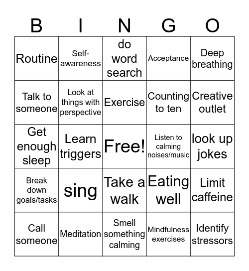 Anxiety Coping Strategies Bingo Card