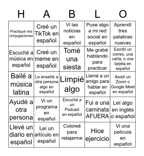 PRÁCTICAS EN ESPAÑOL Bingo Card