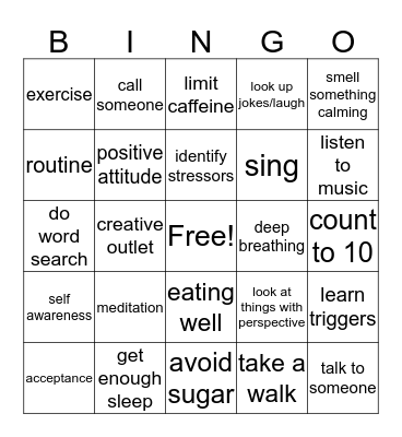 Anxiety Coping Strategies Bingo Card