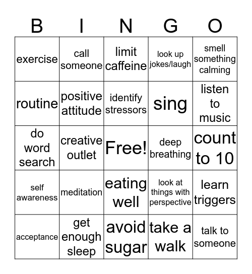 Anxiety Coping Strategies Bingo Card