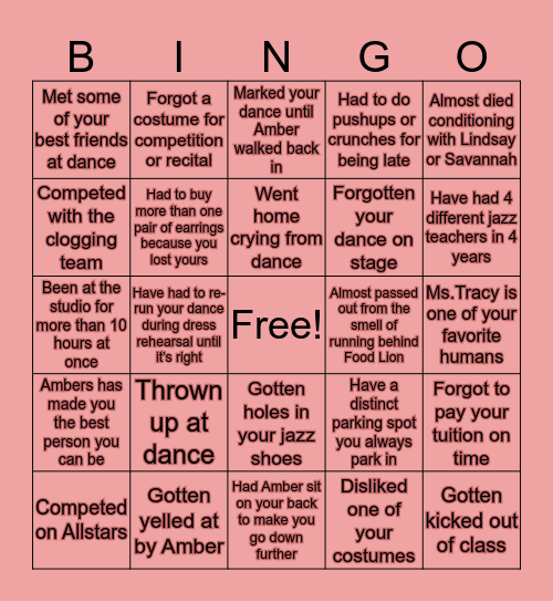 Ambers House of Dance Bingo Card