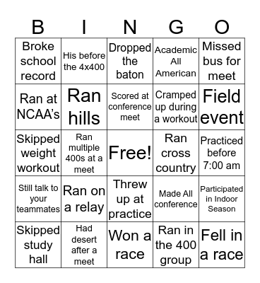 College Track Bingo Card
