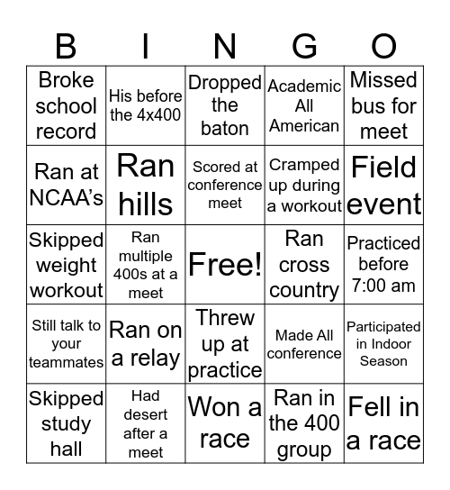 College Track Bingo Card