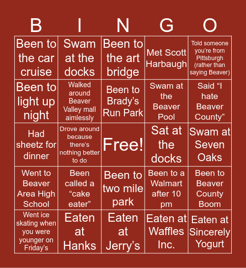 Beaver, PA Bingo Card