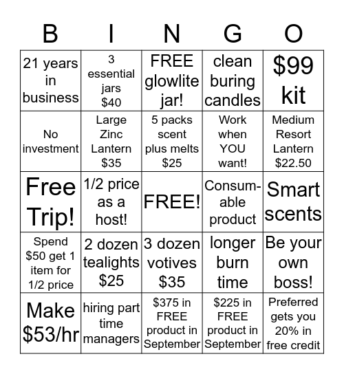 PartyLite Bingo!!! Bingo Card