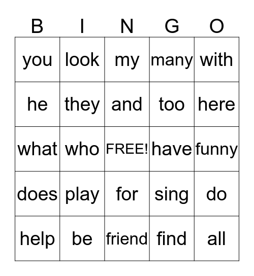 Unit 1 High Frequency Words Bingo Card