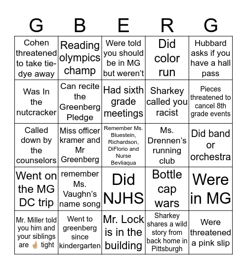 Greenberg Bingo Card