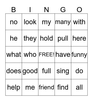 Unit 1 High Frequency Words Bingo Card