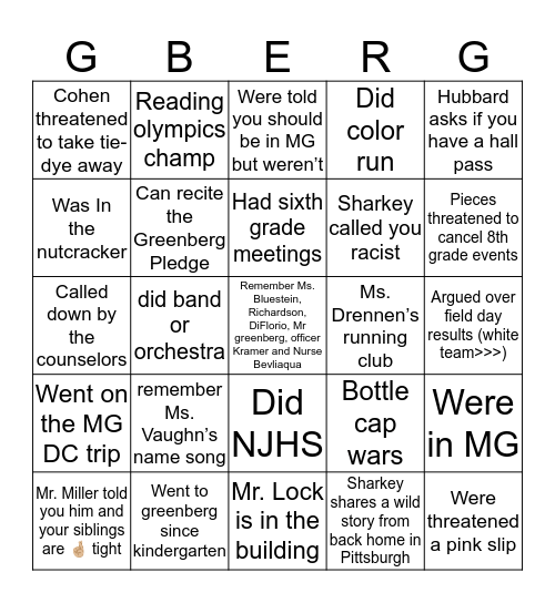 Greenberg Bingo Card