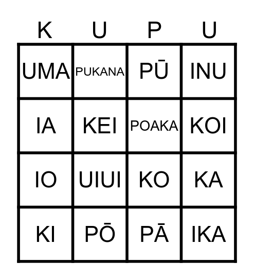 Kupu waiwai - 1.1 Bingo Card