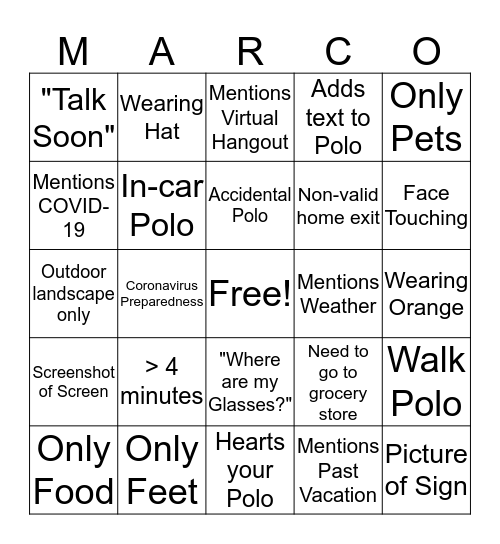 Parental Marco Polo Bingo Card