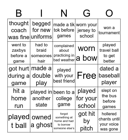 New Albany Softball Bingo Card