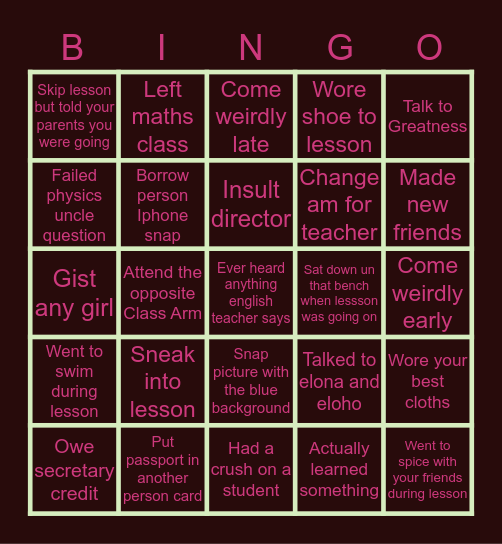 Livingstar lesson edition Bingo Card