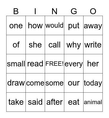 Unit 2 High Frequency Words Bingo Card