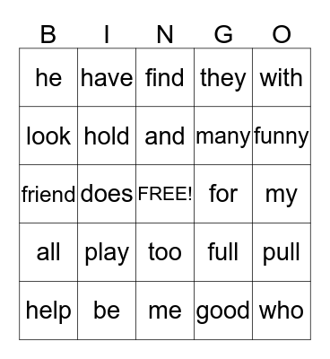 Unit 1 High Frequency Words Bingo Card