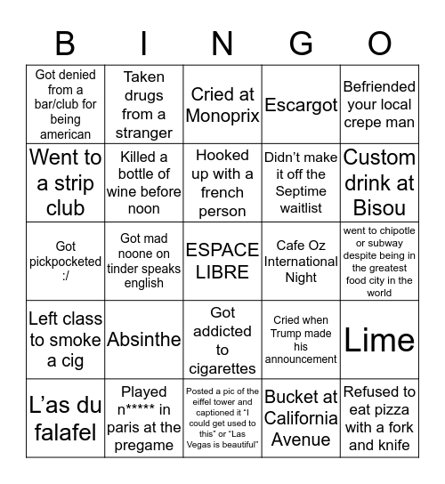 PARIS STUDY ABROAD BINGO Card