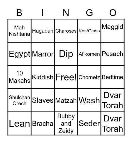 Stawis Family Pesach Bingo Card