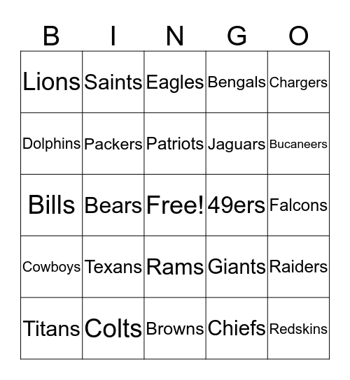 NFL Bingo Card